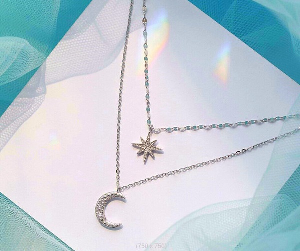 Two layer Star Moon Pendant 925 Sterling silver Necklace jewellery Women